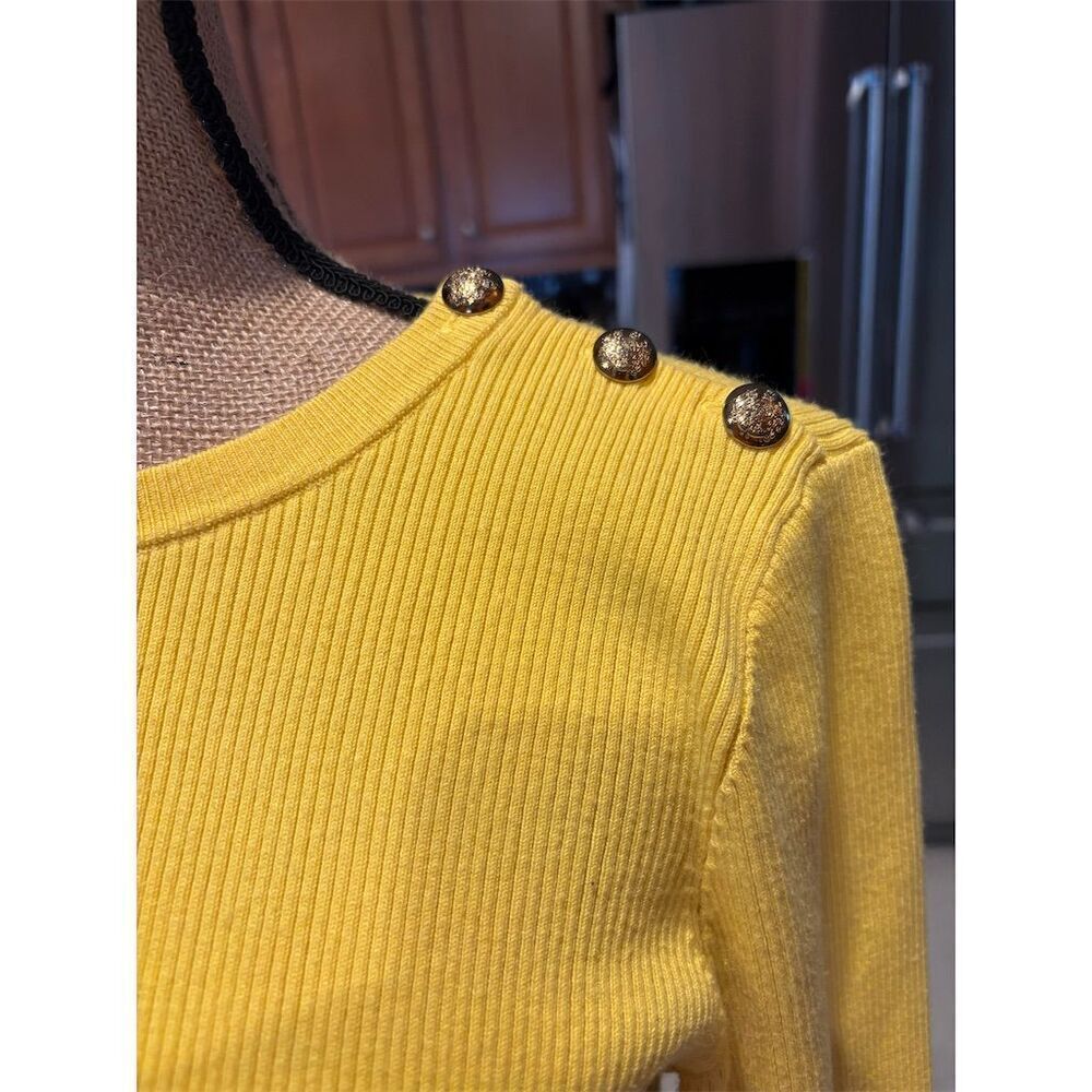 Lauren Ralph Lauren Women's Yellow Ribbed Crewneck Sweater L Gold Buttons - Picture 10 of 10